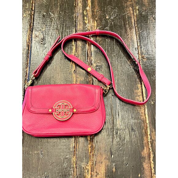 Tory Burch Pink Leather Foldover Amanda Crossbody Bag Convertible Purse Colorful